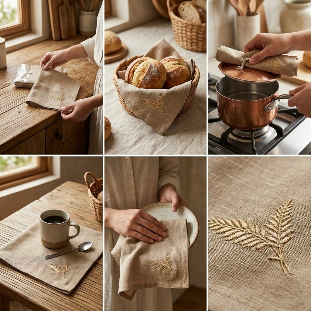 Embroidered Leaf Kitchen Towel / Dining Napkin Set – 6 Pcs - 16 X 16
