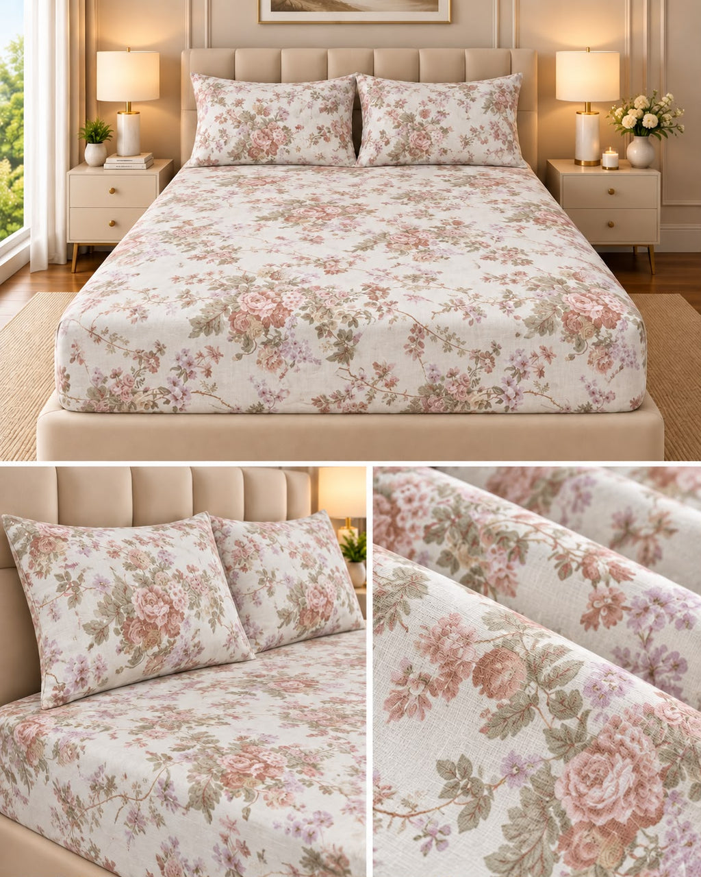 Elegance Pure Cotton King Size Fitted Bedsheet – 3 Piece Set with 2 Pillow Covers