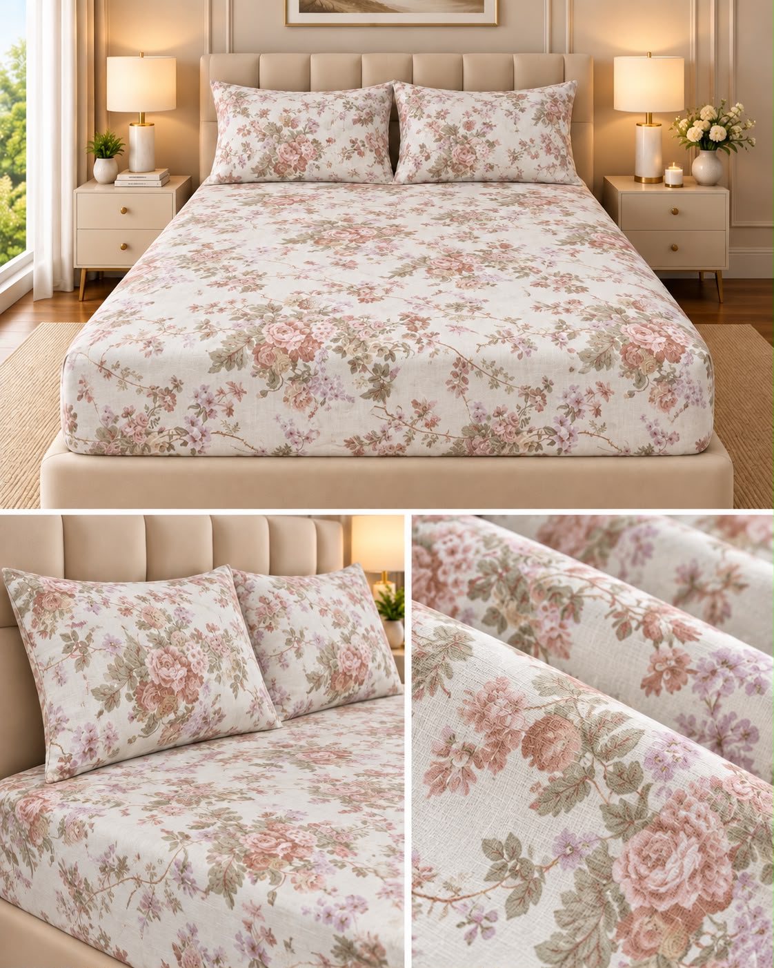 Elegance Pure Cotton King Size Fitted Bedsheet – 3 Piece Set with 2 Pillow Covers