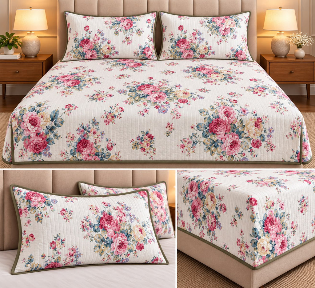 Vintage Bloom Quilted Bedcover Set – King Size 3 Pcs 100 % Pure Cotton