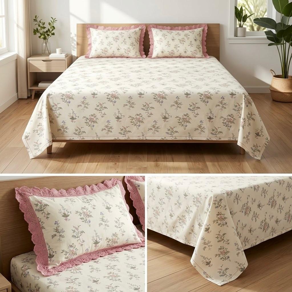 Pure Cotton Floral Bedsheet Set with Elegant Lace-Frilled Pillow Covers – King Size (108 × 108 Inches)