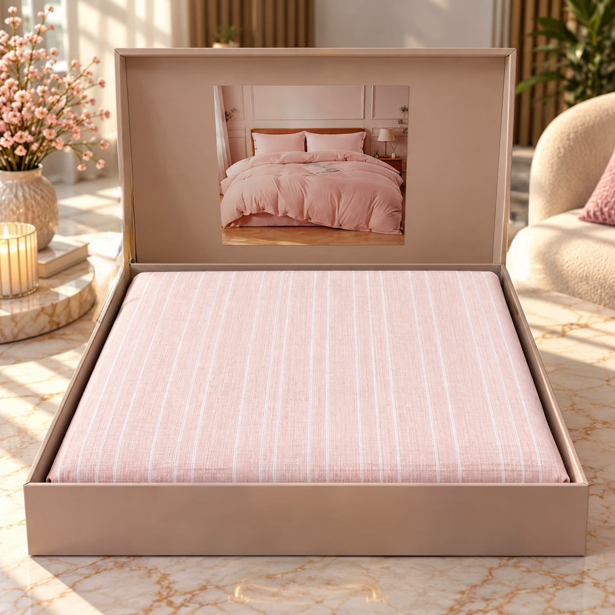 Luxe Stripes Premium Bedsheet Gift Box – Elegant King Size 3 Piece Bedding Set