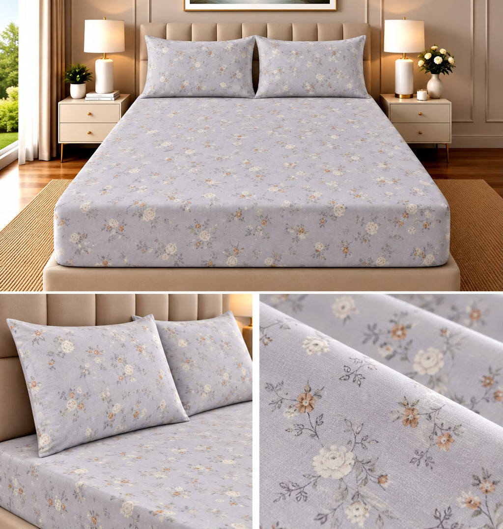 Elegance Pure Cotton King Size Fitted Bedsheet – 3 Piece Set with 2 Pillow Covers