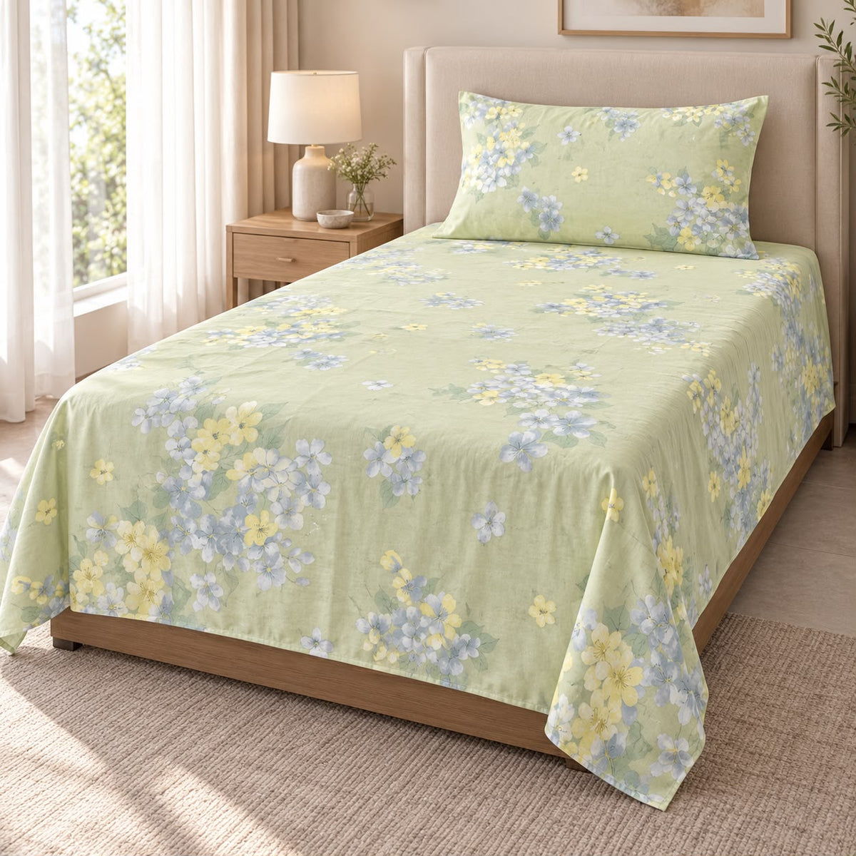 Printed Single Bedsheet Set – 2 Pcs (1 Bedsheet + 1 Pillow Cover) 100 % Pure Cotton