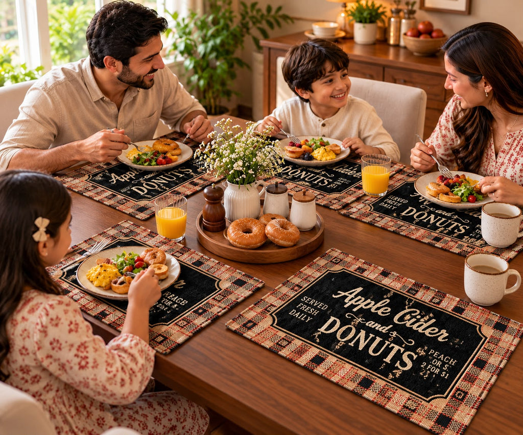 Vintage Apple Cider & Donuts Printed Fabric Dining Table Mats – Set of 4