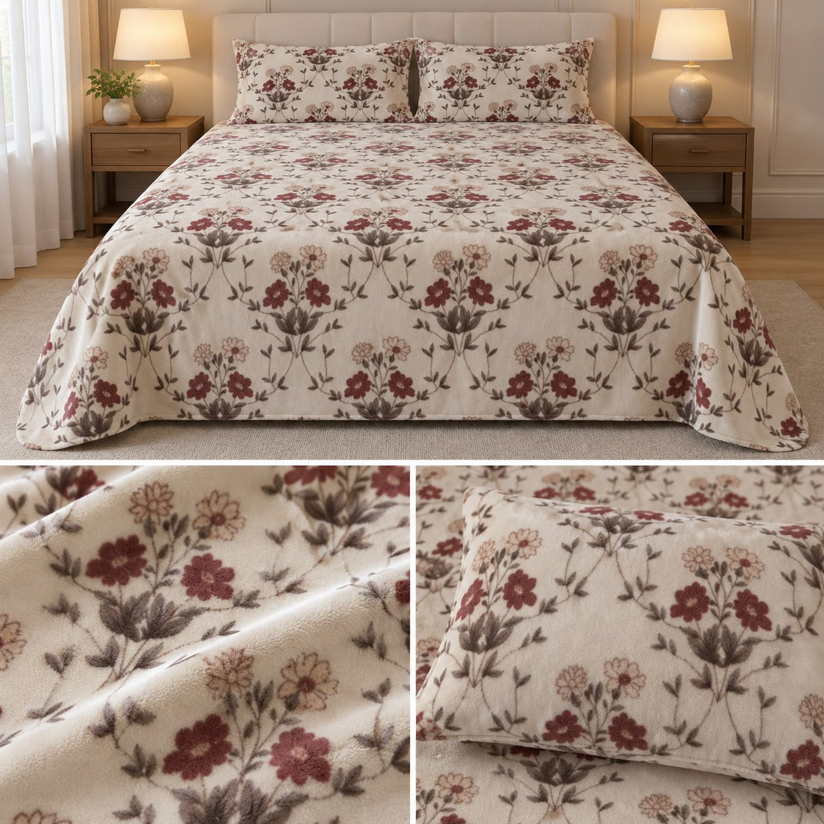 Premium English Garden Floral Winter Bedsheet Set – King Size 3 Pcs | Elegant Cotton Feel Designer Bedsheet