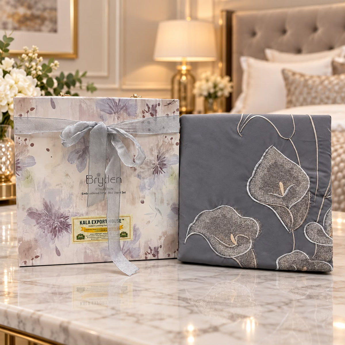 Moonlit Calla Luxe Embroidered Gift Box Bedsheet Set – 3 Pcs