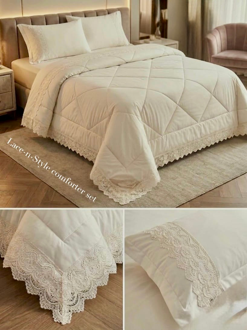 4-Piece Luxury AC Comforter Set with Lace Detailing – King Size
