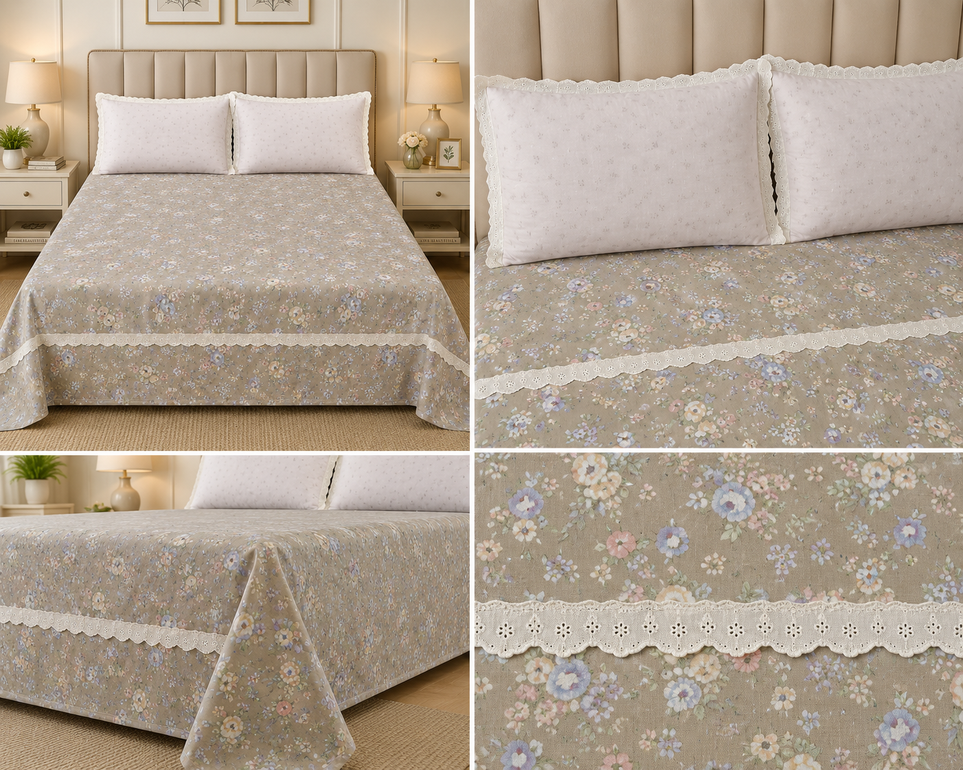 Victorian English Print King Size Bedsheet with Lace Product Code :- 55B99RKEH