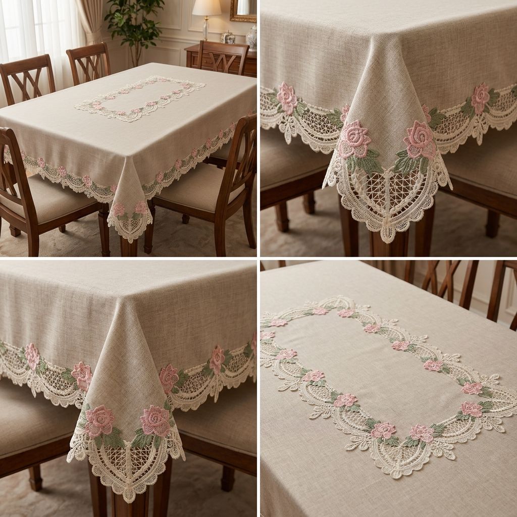 Elvara Linen (Pink Flower) Crochet Lace Dining Table Cover  –4, 6 & 8 Seater