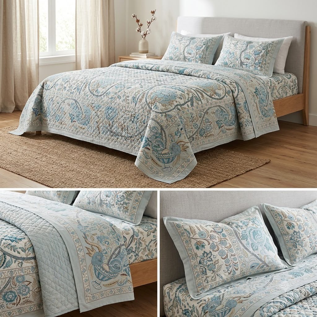 Aqua Heritage Floral 4-Piece King Size Bedcover Set – Quilted Bedcover, Bedsheet & 2 Pillow Covers