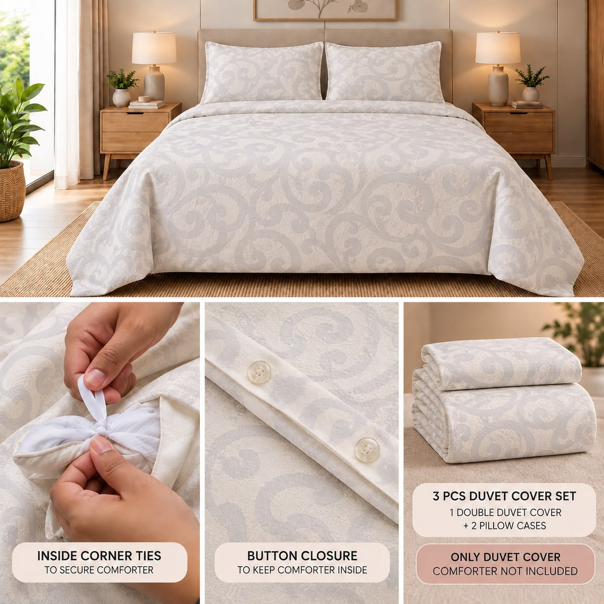 Luxury Jacquard King Size Duvet Cover Set – 3 Pcs | 1 Duvet Cover + 2 Pillow Covers