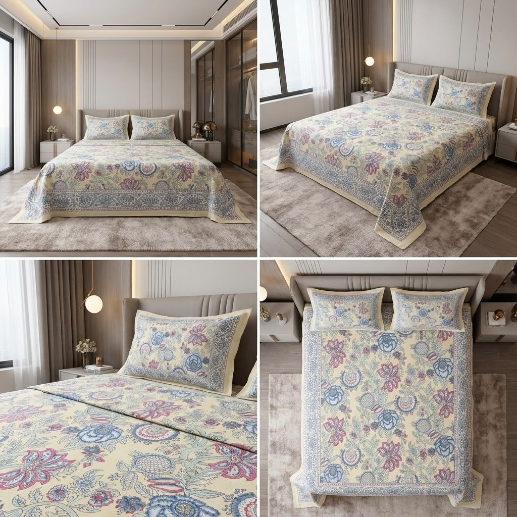 Heritage Block Print Cotton Bedsheet Set – King Size 3 Pcs