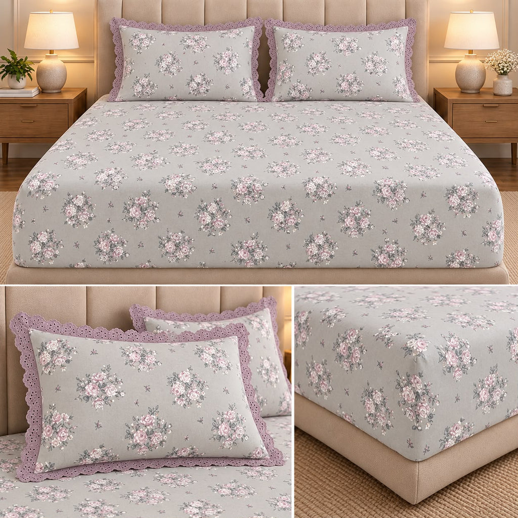Vintage Bloom Fitted Bedsheet Set with Lace Pillow Covers – King Size 3 Pcs