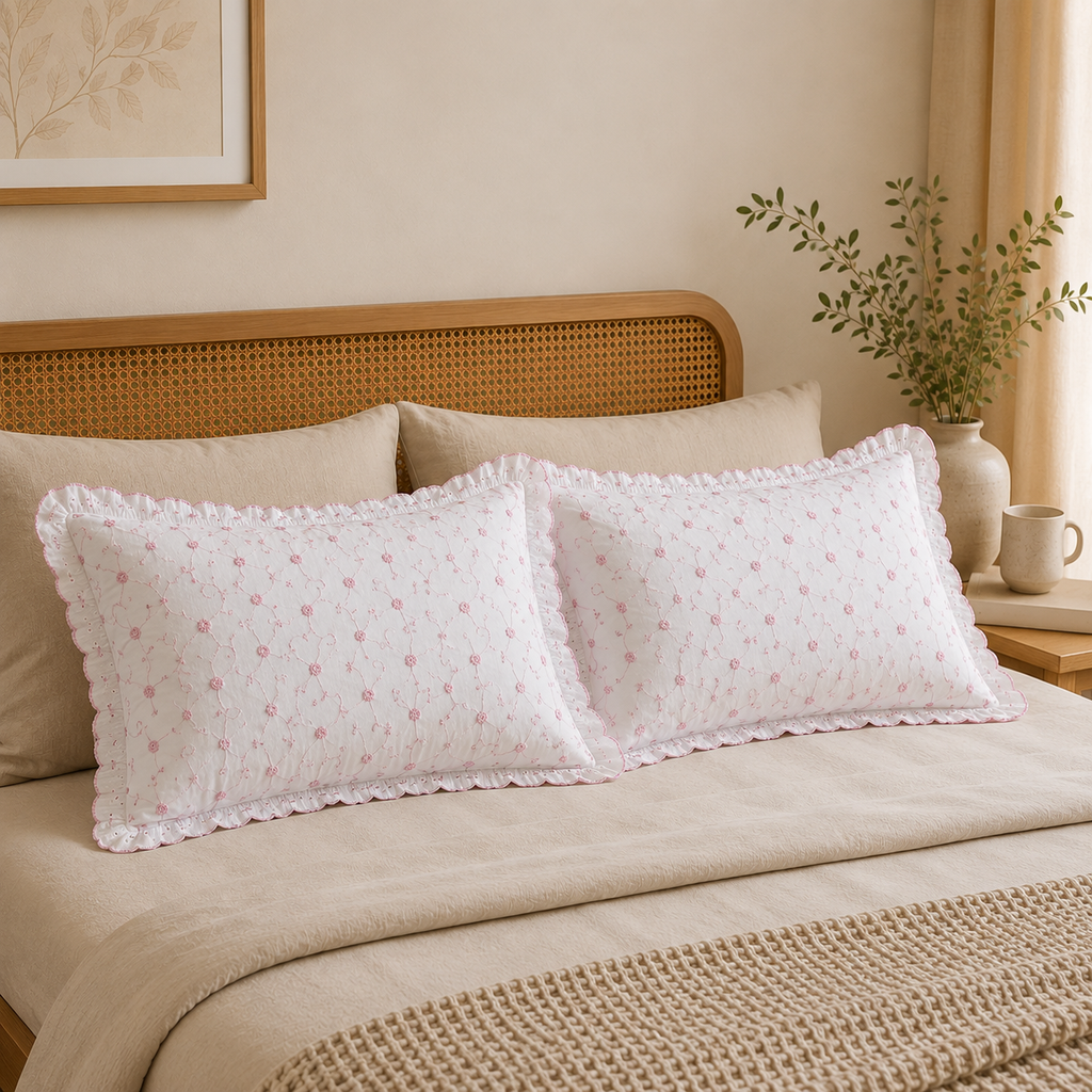 Embroidered Frill Pillow Cover Pair – Elegant Floral Design Product Code :- 55B29RKEH