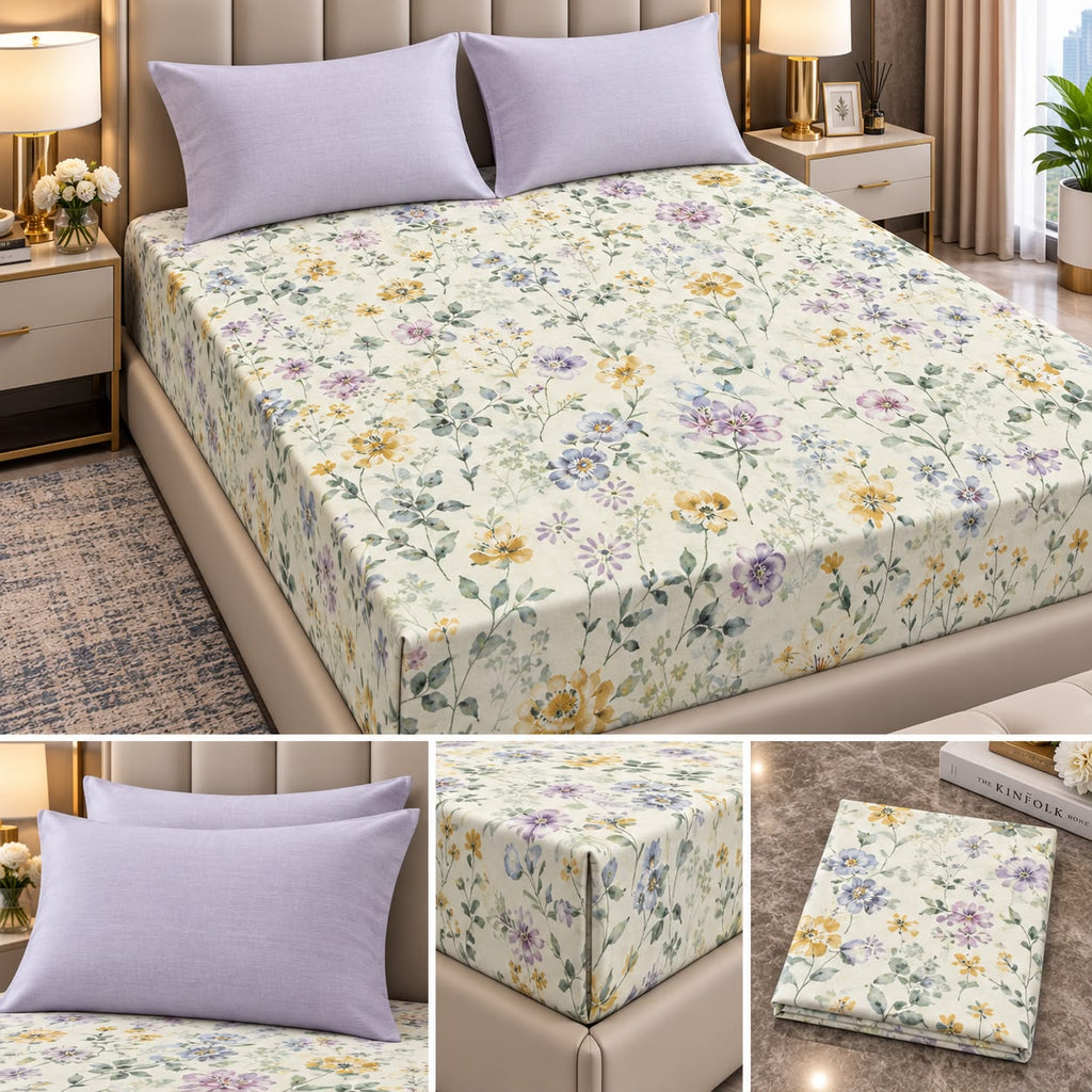 Wildflower Whisper 100% Pure Cotton Fitted Bedsheet Set