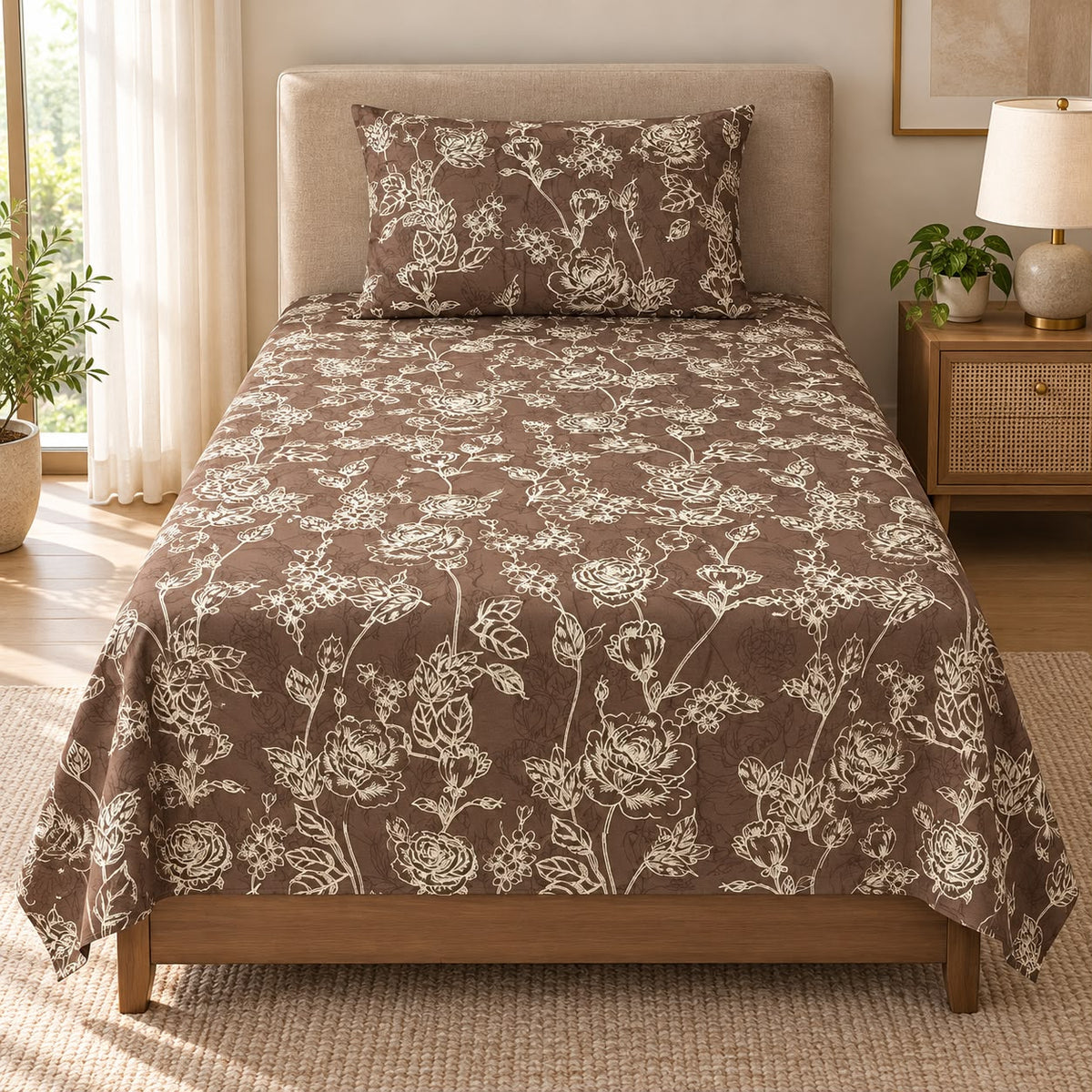 Printed Single Bedsheet Set – 2 Pcs (1 Bedsheet + 1 Pillow Cover) 100 % Pure Cotton