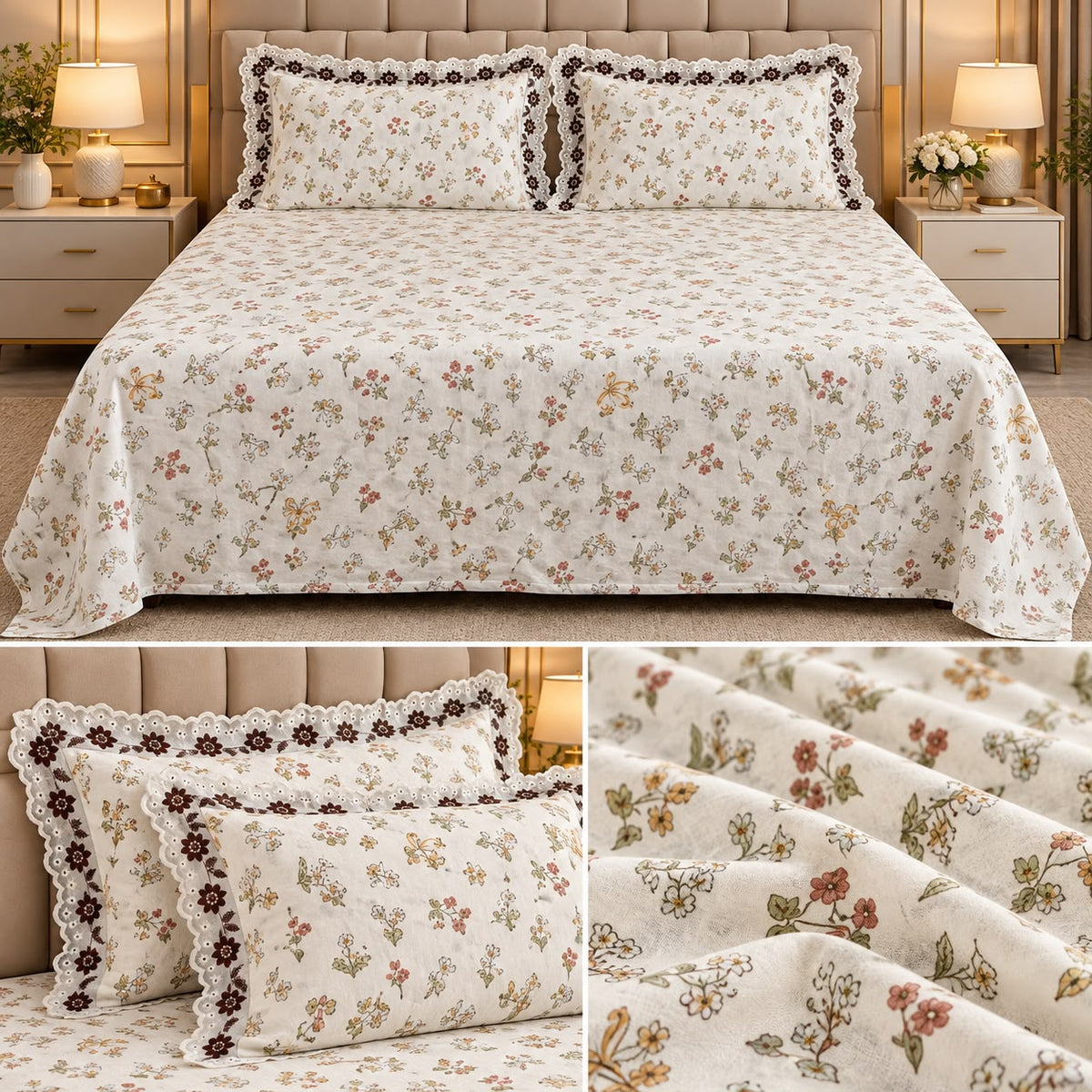 English Floral Lace Bedsheet Set – King Size 3 Pcs | Product Code :- 55B128RKEH