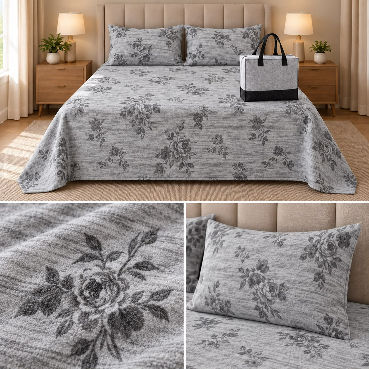 Floral Printed Winter Bedsheet Set with Matching Pillow Covers & Storage Bag – King Size