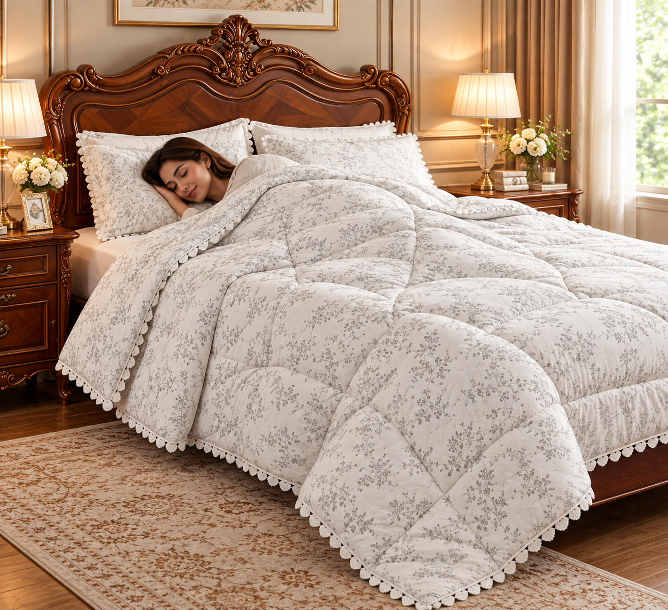 Premium Floral Print Comforter with Lace Border - Double bed Product Code :- 55B185RKEH
