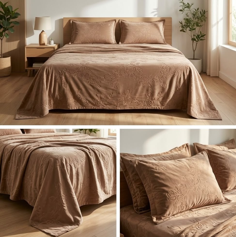 Warm Embossed Rose Floral Fitted Bedsheet Set – King Size (3 Pcs)