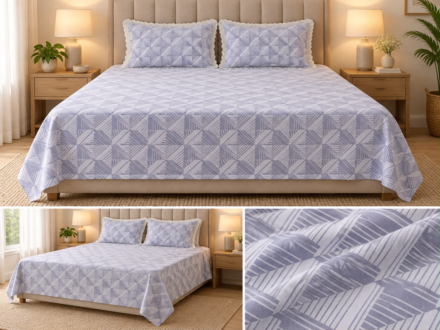 Milan King Size Thick Cotton Bedsheet with Lace Pillow Covers – 3 Piece Set