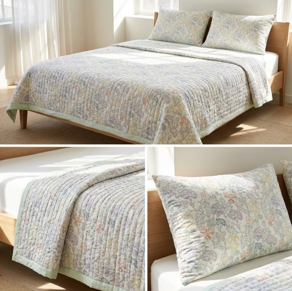 Luxury Floral Quilted Bedcover Set with Elegant Border Detailing – King Size (3 Pcs)