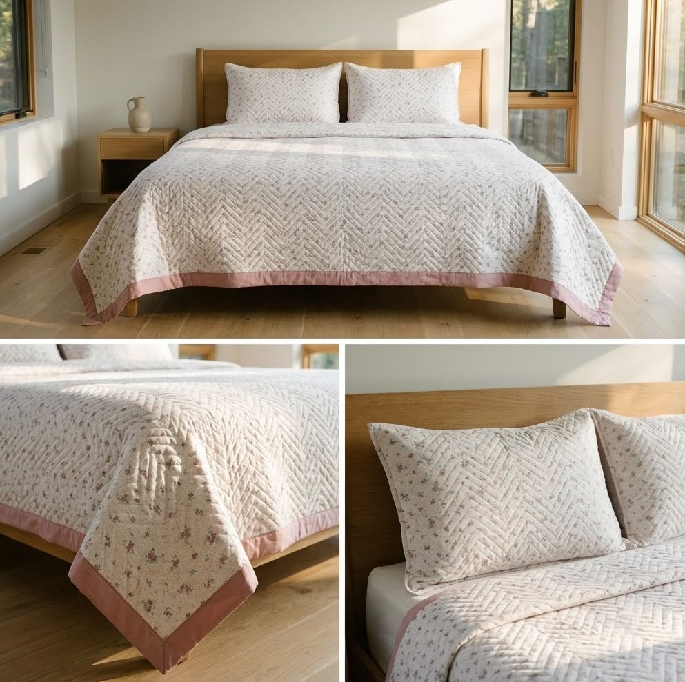Luxury Floral Quilted Bedcover Set with Elegant Border Detailing – King Size (3 Pcs)