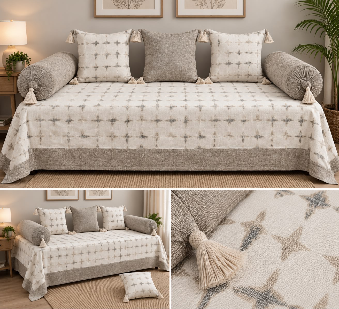 6 Piece Designer Diwan Set with Bedspread, 3 Cushion Covers & 2 Bolster Covers