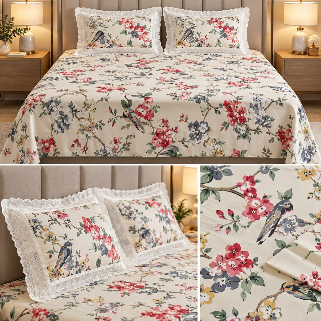 Floral King Size Bedsheet with Designer Lace Pillow Covers (108 x 108 Inches) Product Code:- 55B1150RKEH