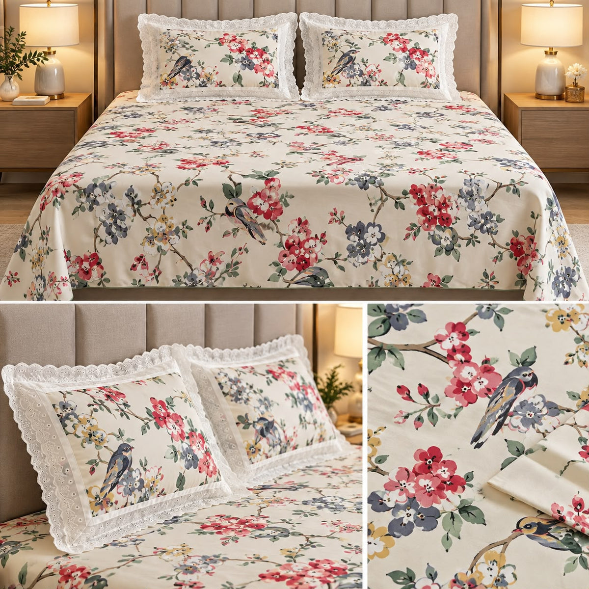 Floral King Size Bedsheet with Designer Lace Pillow Covers (108 x 108 Inches) Product Code:- 55B1150RKEH
