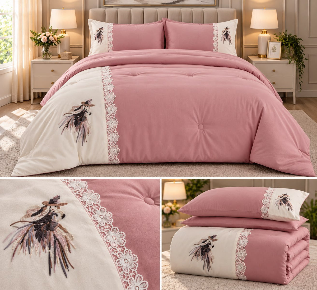 Embroidered Comforter Set with Elegant Lace Detailing – King Size (4 Pcs)
