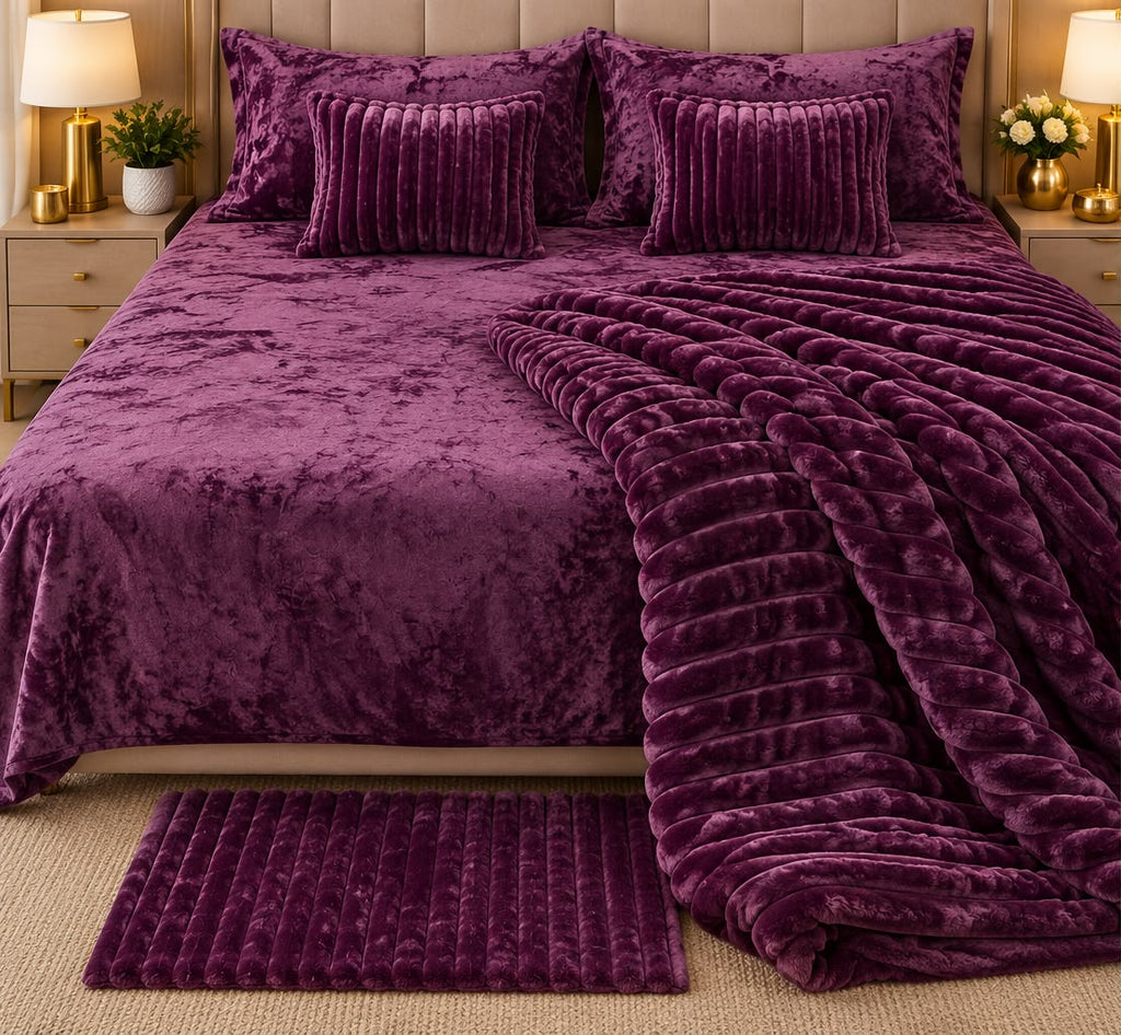 Royal Velvet Luxe Winter Bedding Set – 7 Pcs | Bedsheet, Plush Blanket, Pillow Covers, Cushions & Matching Mat