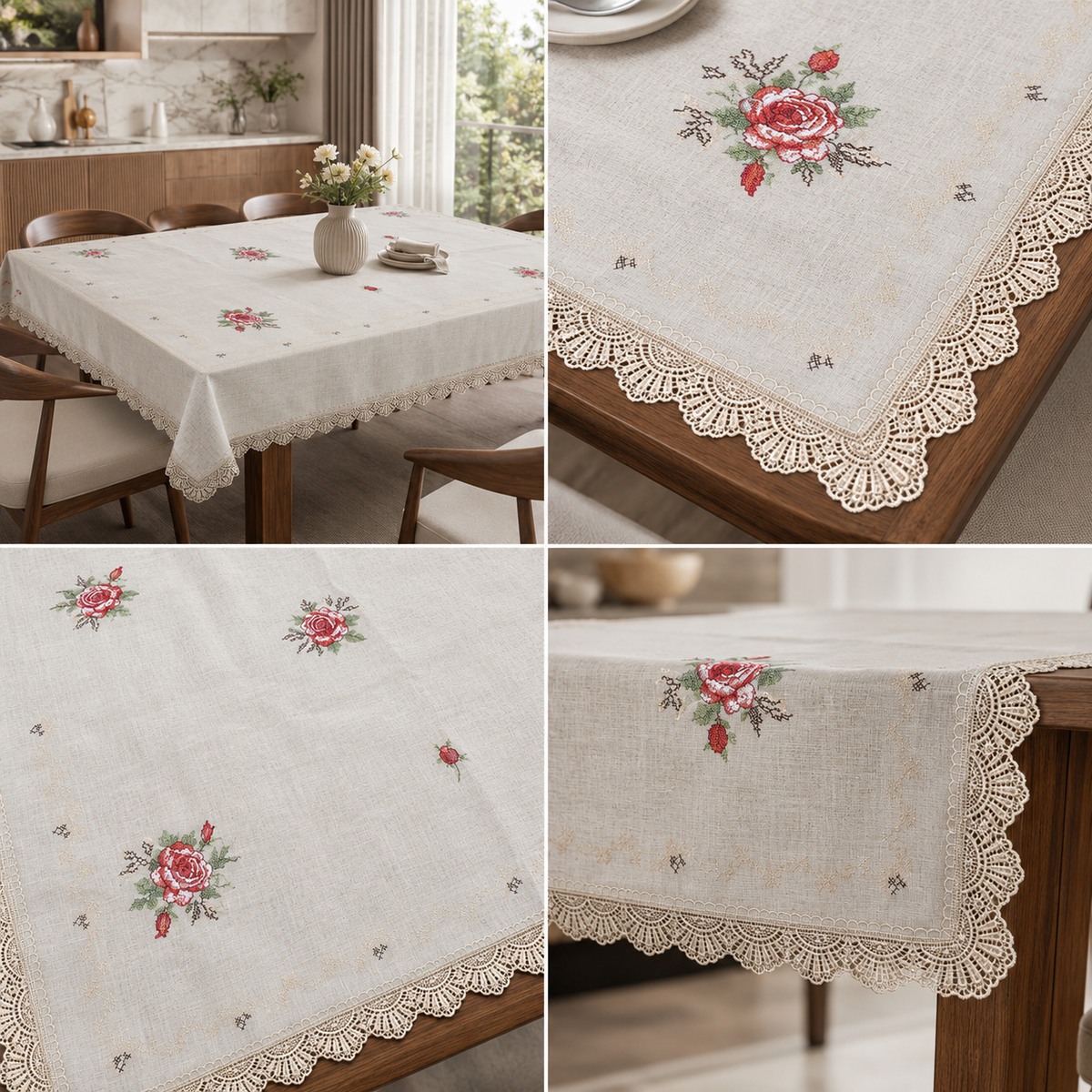 Premium Rose Embroidered Dining Table Cover – 6 Seater | 60 × 90 Inches | Elegant Lace Border