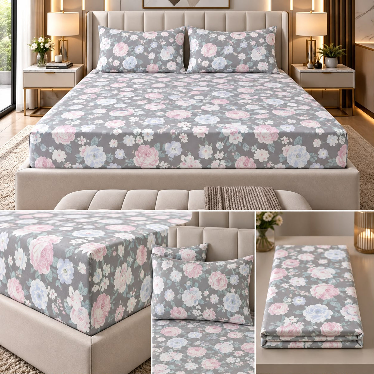 English Meadow 100% Cotton King Fitted Bedsheet – 3 Pcs Set