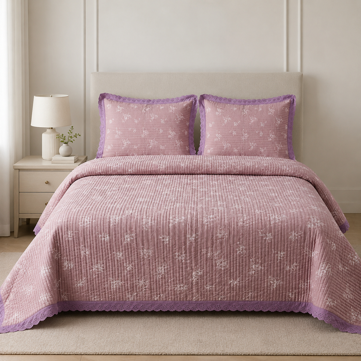 ✨ Crown Weave Quilted Bedcover Set with Elegant Lace Border – 3 Piece Luxury Collection ✨