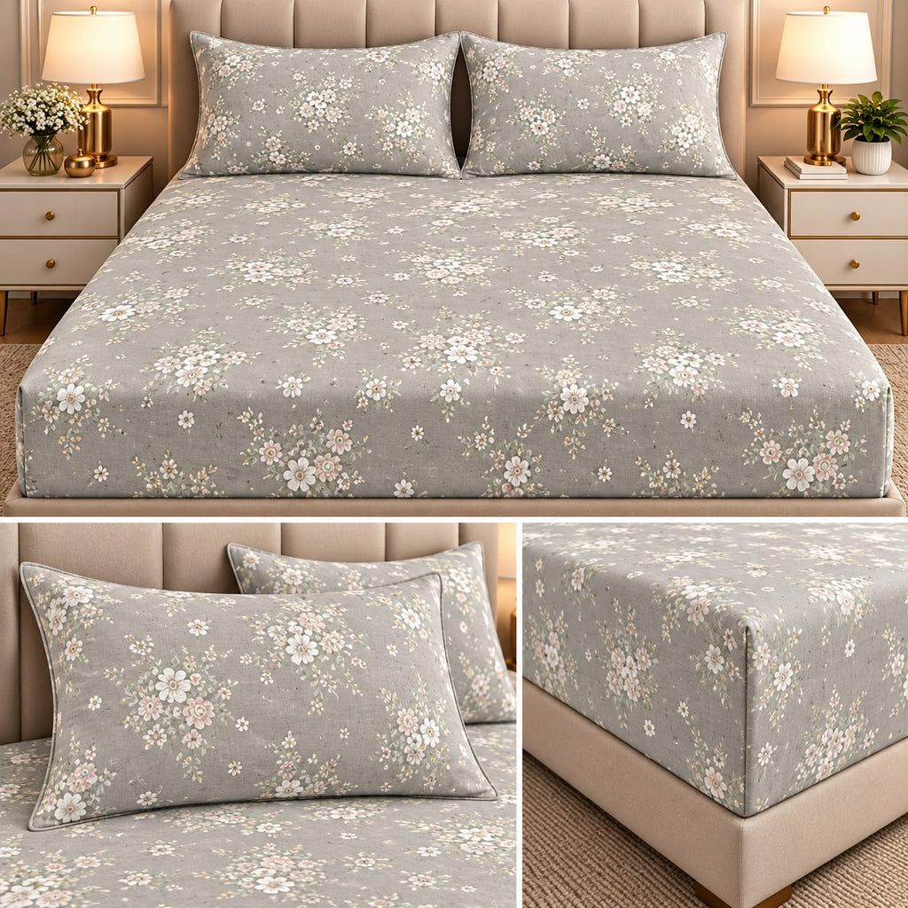Elegance 100% Cotton King Size Fitted Bedsheet Set – 3 Pcs