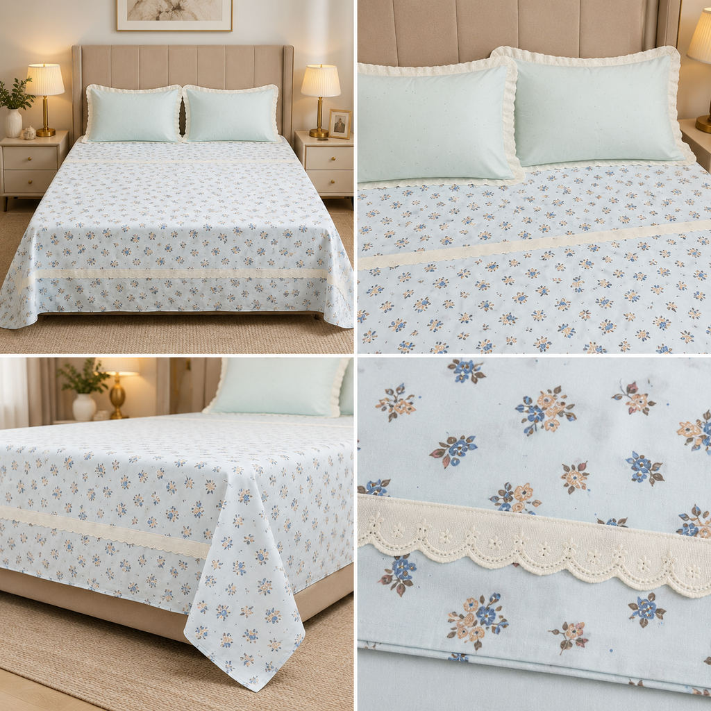 Victorian English Print King Size Bedsheet with Lace Product Code :- 55B99RKEH