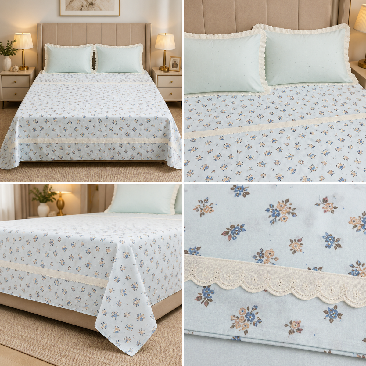 Victorian English Print King Size Bedsheet with Lace Product Code :- 55B99RKEH