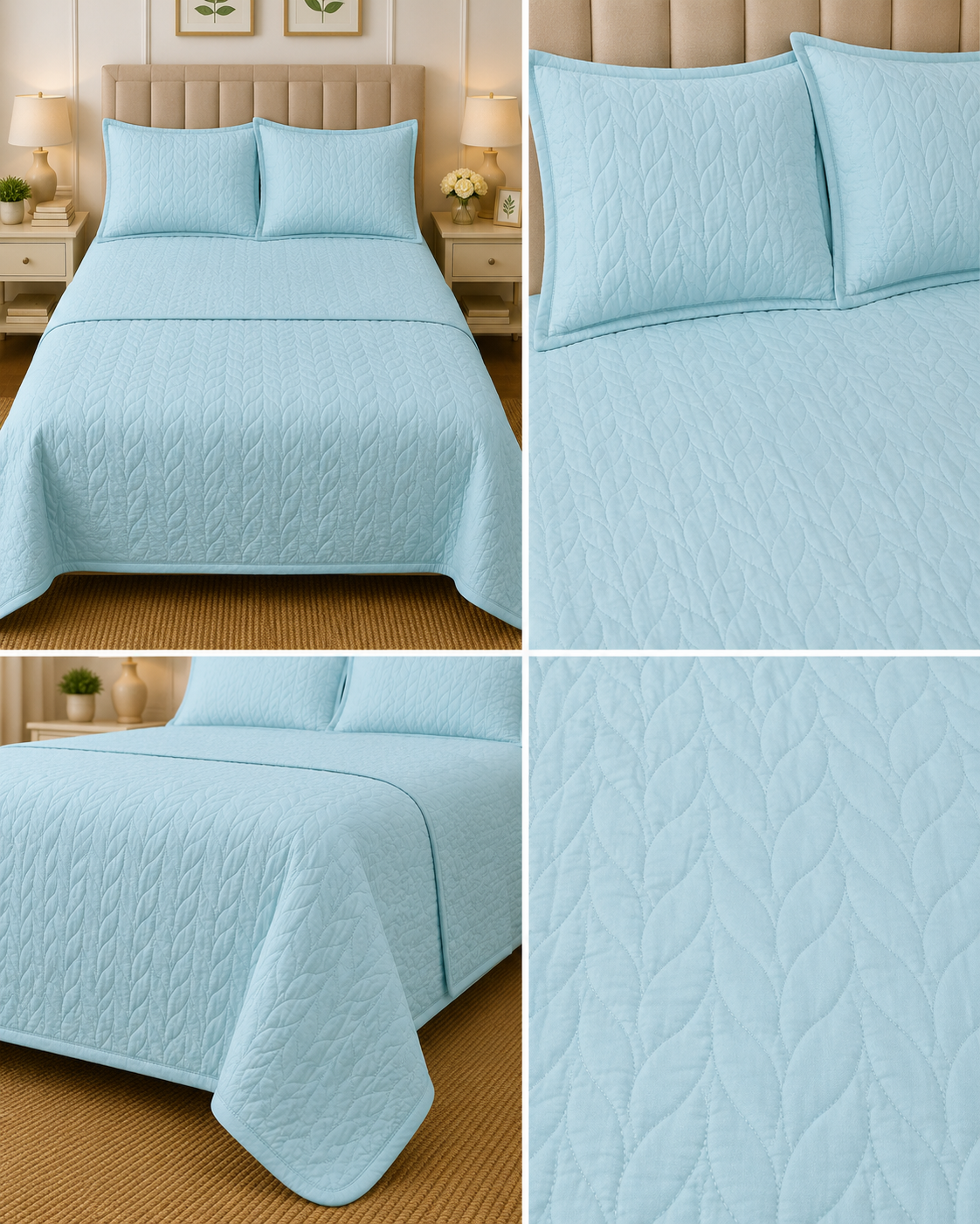 Plain King Size Quilted Bedcover with 2 Matching Pillow Covers – Elegant Leaf Stitch Design | Product Code :- 55B145RKEH