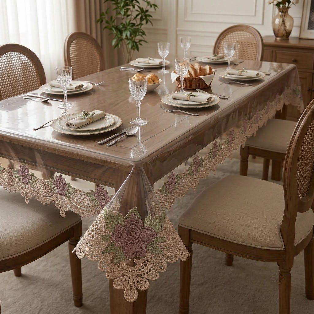 ✨ Transparent French Lace Dining 8 Seater Table Cover – Premium Quality | 56 x 102 Inches ✨ Product Code :- 55B179RKEH