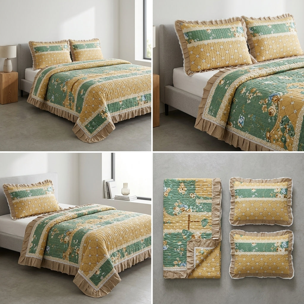 ✨ Crown Weave Quilted Bedcover Set with Elegant Lace Border – 3 Piece Luxury Collection ✨