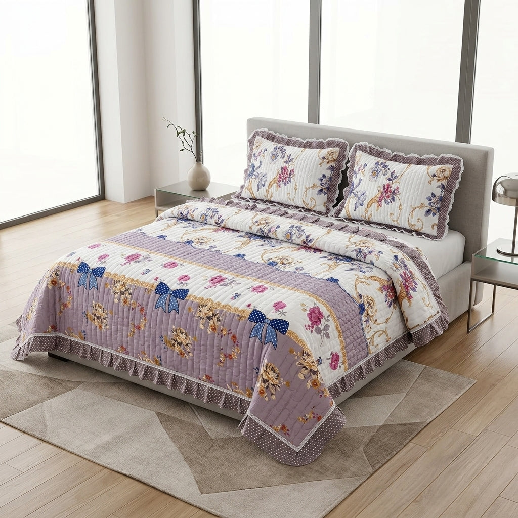 ✨ Crown Weave Quilted Bedcover Set with Elegant Lace Border – 3 Piece Luxury Collection ✨