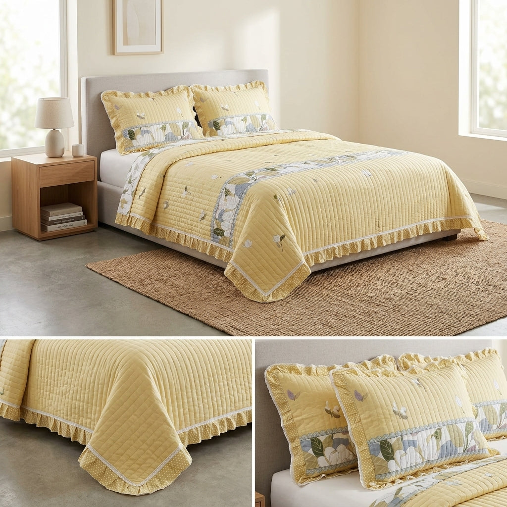 ✨ Crown Weave Quilted Bedcover Set with Elegant Lace Border – 3 Piece Luxury Collection ✨