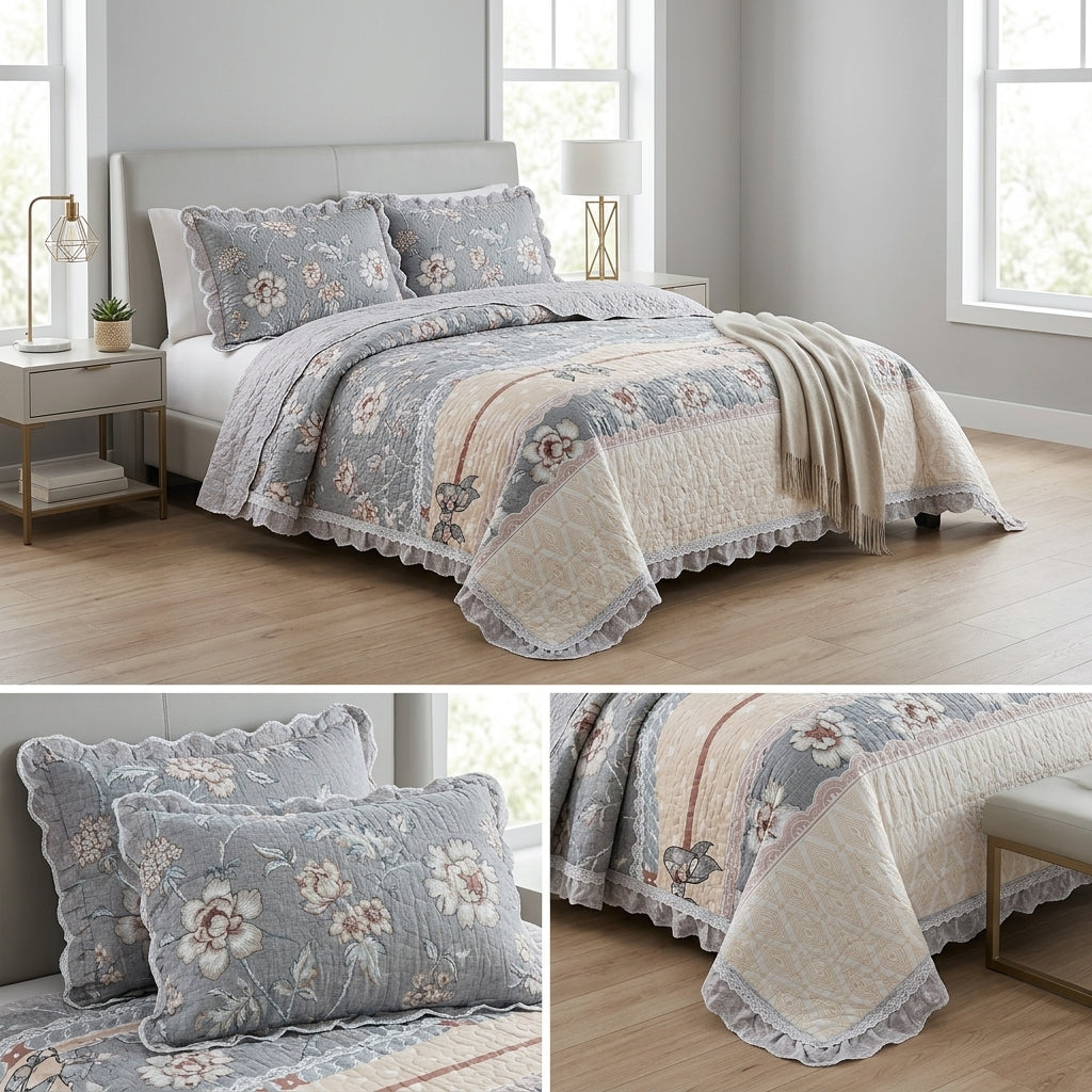 ✨ Crown Weave Quilted Bedcover Set with Elegant Lace Border – 3 Piece Luxury Collection ✨