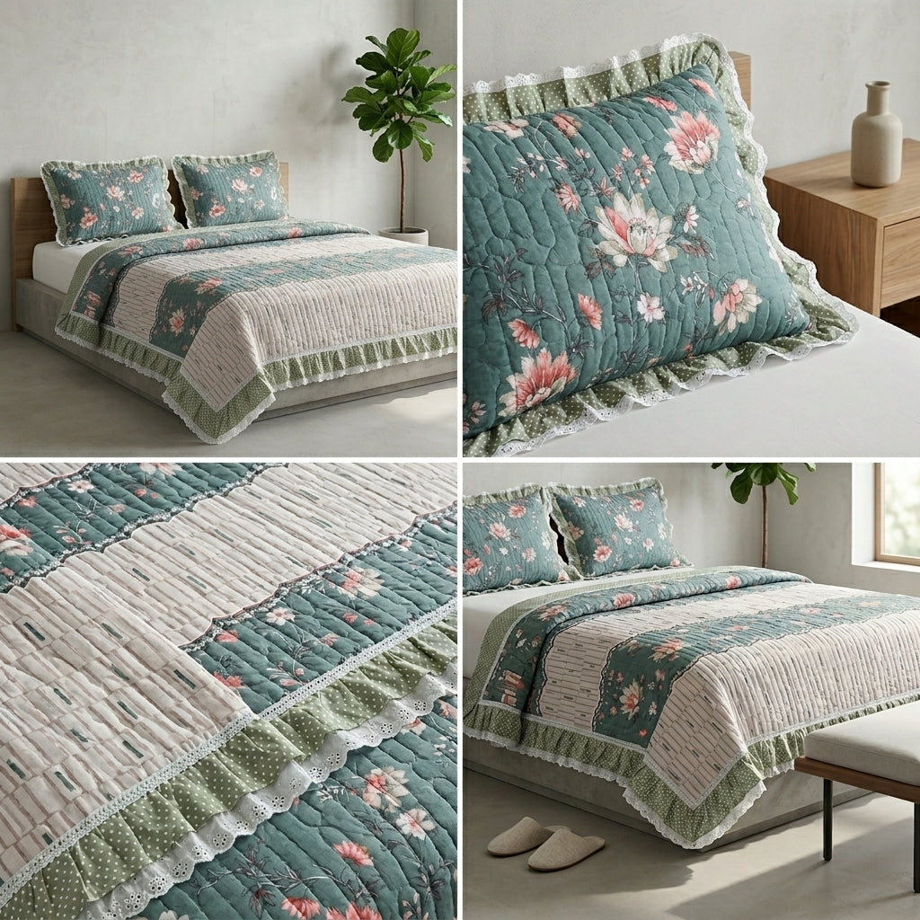 ✨ Crown Weave Quilted Bedcover Set with Elegant Lace Border – 3 Piece Luxury Collection ✨