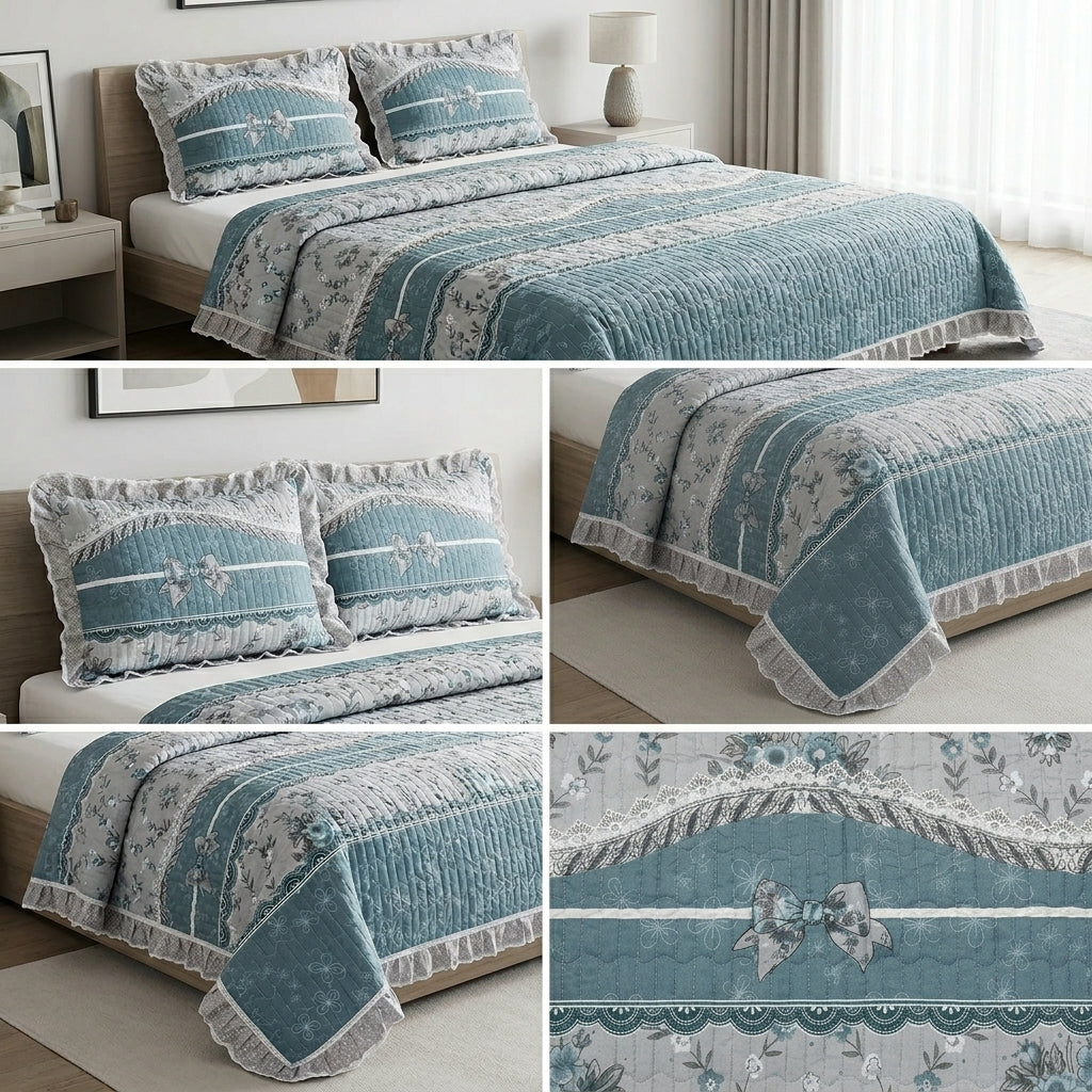 ✨ Crown Weave Quilted Bedcover Set with Elegant Lace Border – 3 Piece Luxury Collection ✨