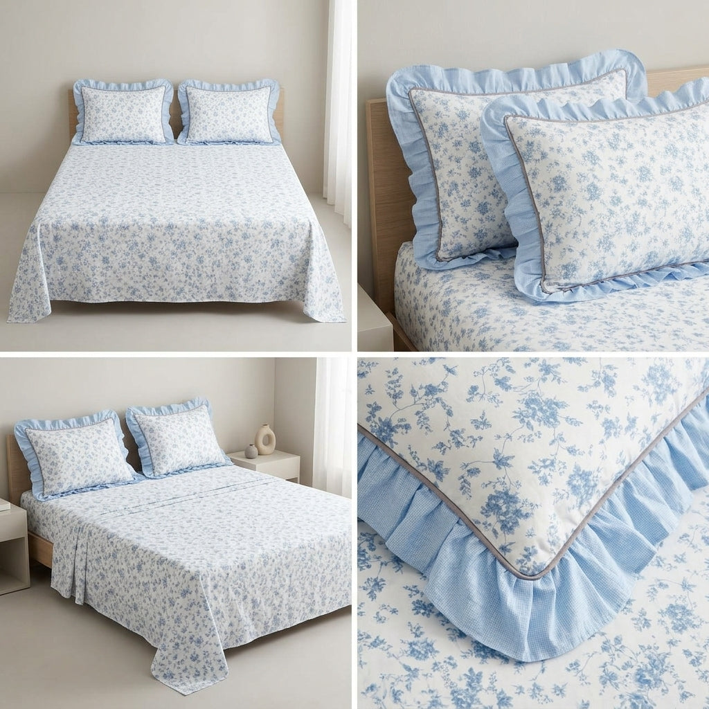 English prints Bedsheet with lace pillow covers 100% Cotton