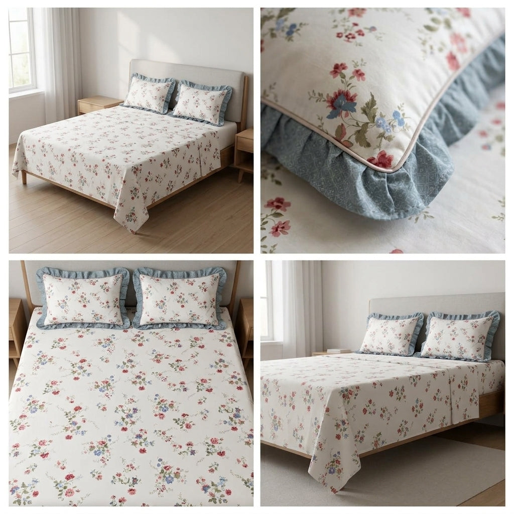 English prints Bedsheet with lace pillow covers 100% Cotton