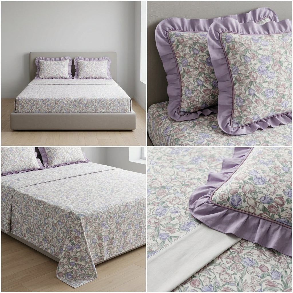 English prints Bedsheet with lace pillow covers 100% Cotton